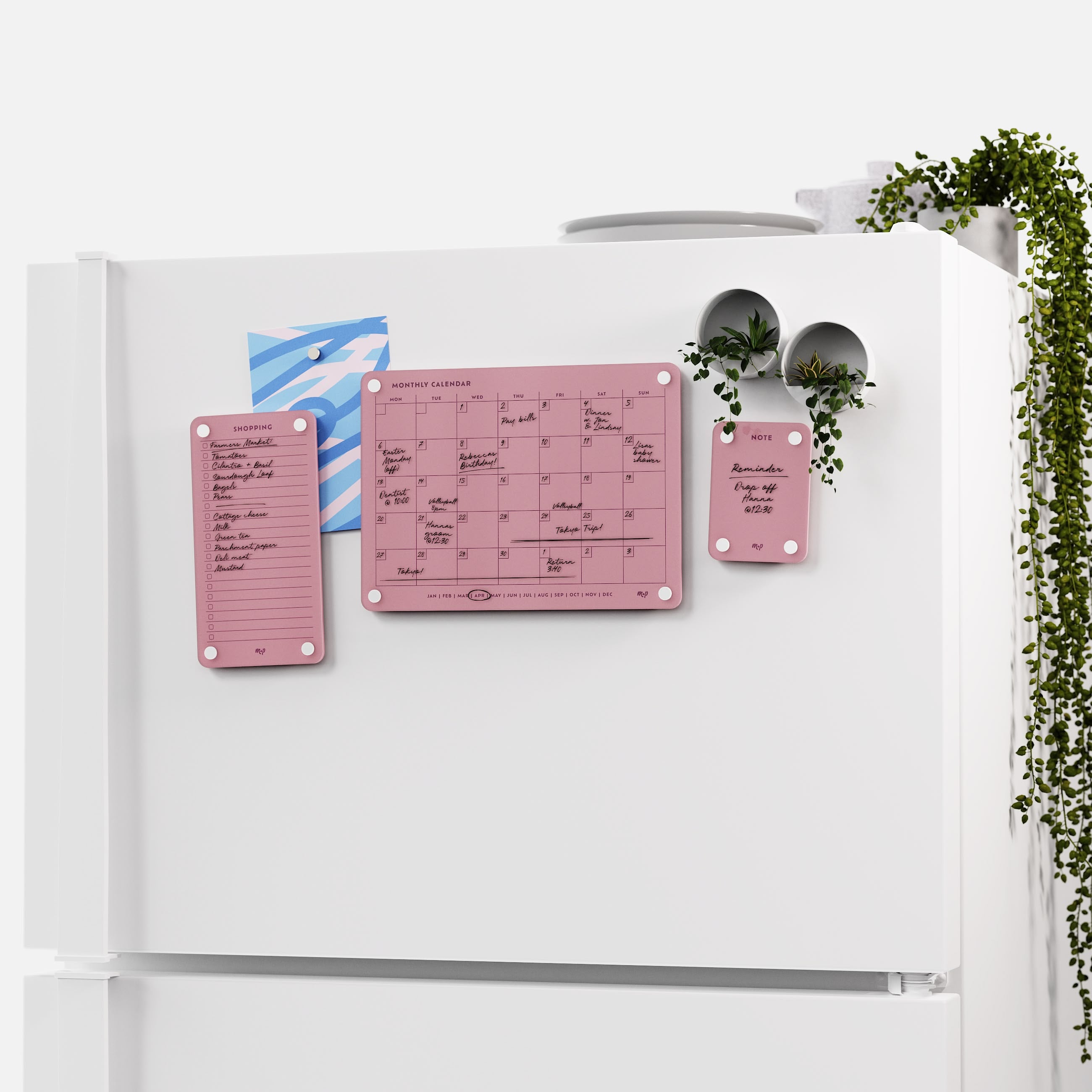 White fridge with the Plum shopping list, monthly calendar and note board and two magnetic planters